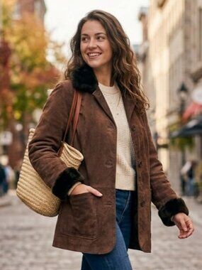Sequence Brown Leather Faux Fur Collar Car Coat Jacket Womens 10